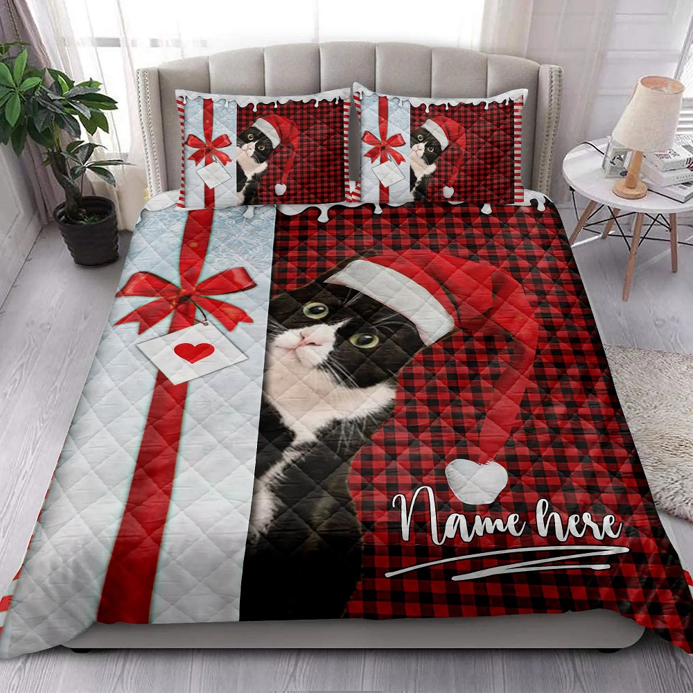 Personalized Tuxedo Cat Quilt Set, Tuxedo Cat Santa Hat Withmas Letter Quilt Bedding Set Personalized Tuxedo Cat Quilt Set, Tuxedo Cat Santa Hat Withmas Letter Quilt Bedding Set
